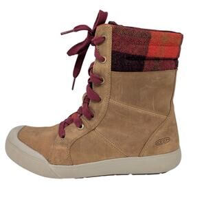 KEEN Leather Lace-Up Boots Buffalo Plaid Wool Cuff Brown Red Outdoor Hiking 8.5